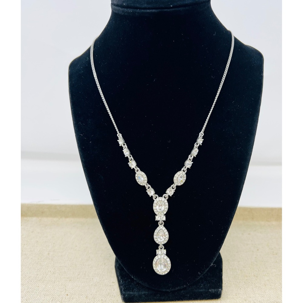 Givenchy Silver Tone Clear Crystal Y-Necklace Teardrop Oval Drop Statement 17in